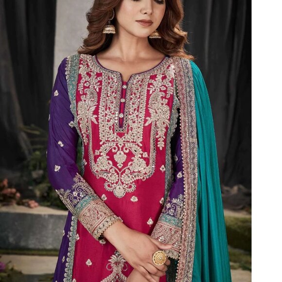 Pakistani  Party Wear Vibrant Pink Multicolor Mirror Embroidered Palazzo Suit - Picture 1 of 4